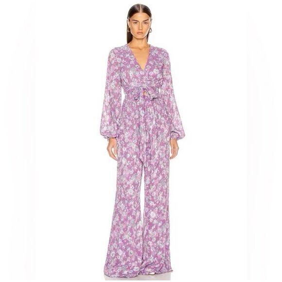 ALEXIS Shanice Lavender Floral Wrap Jumpsuit Sz XS Cutout Long Sleeve Wide Leg - Picture 11 of 12